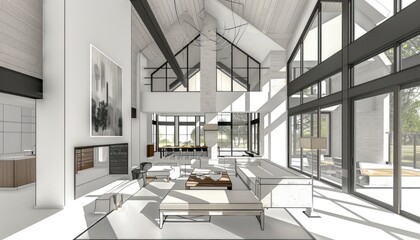 Exquisite 3D Conceptual Rendering of a Chic Living Room with Fireplace and Integrated Dining Space. Generative AI