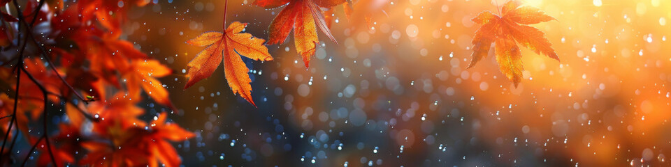 Autumn Leaves Against Rainy Window, Warm Color Tones