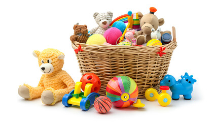 Many different children's toys and wicker basket isolated on white