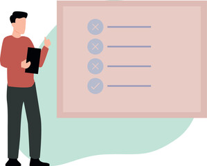 The boy is looking at the list.