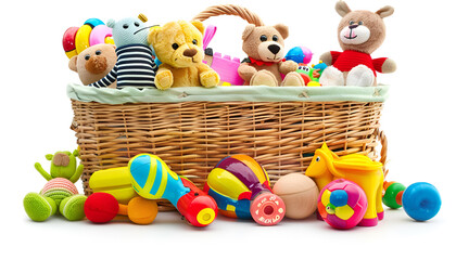 Obraz premium Many different children's toys and wicker basket isolated on white