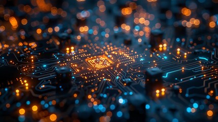 A deep dive into nanotechnology showing nanoscale materials at work in electronics, enhanced with glowing effects