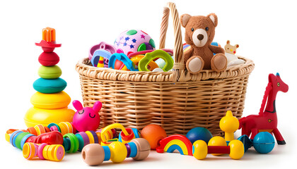 Obraz premium Many different children's toys and wicker basket isolated on white
