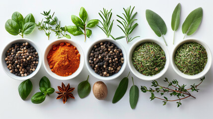 Bowls of fresh herbs and spices isolated on white background. Ingredients, spices, dish. Cooking.