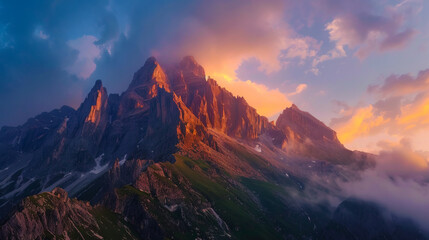 A mountain peak with clouds and a sunset.