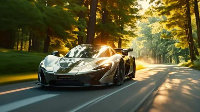 A sleek hypercar races down a winding road, its shiny surface reflecting the sunset. Motion blur surrounds it, emphasizing its incredible speed.