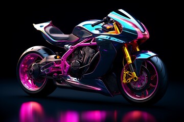 3d render of a sport bike on black background with neon lights