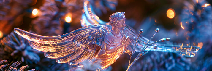 Fototapeta premium Glass Angel Ornament Illuminated with Festive Lights