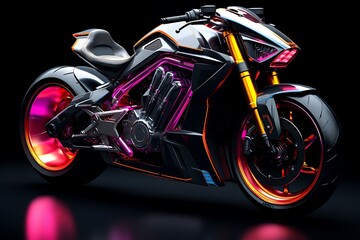 3d render of a sport bike on black background with neon lights