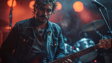 A man playing guitar bass in concert