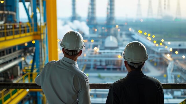 Two engineers looking at an oil refinery at day high voltage production plant Power plants, nuclear reactors, energy industries
