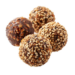 Sesame seed and peanut balls with chocolate isolated on white background