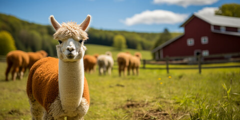 Fototapeta premium Smiling Alpaca Front and Center at Rustic Farm Landscape