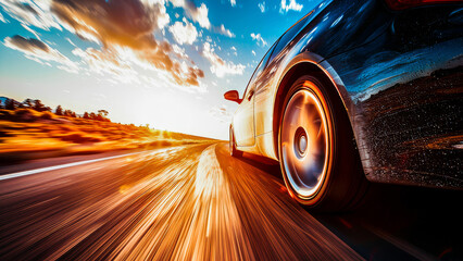 Dynamic image of a sports car speeding on a highway with motion blur and sunset in the background.