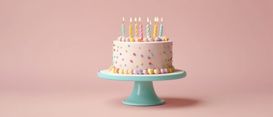 3D rendering of a birthday cake placed on a flat background