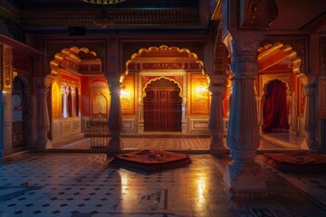 luxurious hindu palace from the times of ancient india, interior, night