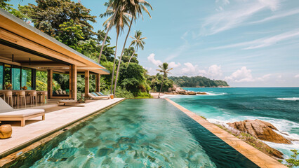 Fototapeta premium A luxurious villa with an infinity pool overlooking a tropical beach, offering the perfect blend of modern architecture and natural beauty.