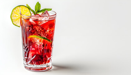 Red cocktail with lime and mint in a glass isolated on a white background