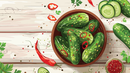 Bowl with tasty pickled cucumbers and different spice