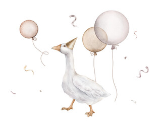 Watercolor Air Balloons and confetti and goose on isolated background. Hand drawn illustration for greeting cards with bird. Set of objects for party celebration. Happy birthday decor on pastel colors © Ekatmart