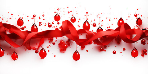 A red ribbon surrounded with blood drops, symbolizing solidarity and support for blood donors and recipients on World Blood Donor Day, white background, creative illustration.