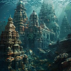 underwater shot of ancient Hindu city beneath the sea