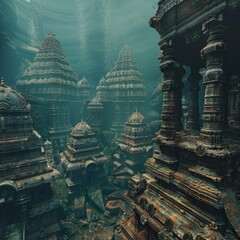 underwater shot of ancient Hindu city beneath the sea