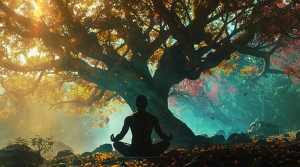 vibrant and colorful A silhouette of a person meditating under a Bodhi tree, illustrating the spiritual introspection and enlightenment pursued in Hindu philosophy