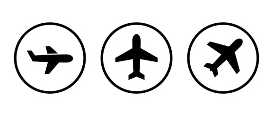 Plane, airplane icon set on circle line. Flight concept