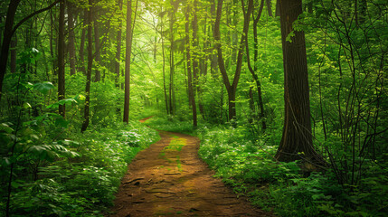 Pathway in green forest on spring day