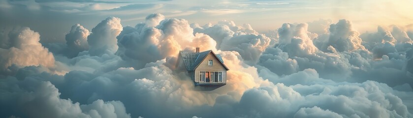 A house is floating in the clouds