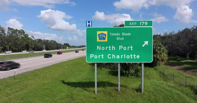 Interstate freeway exit sign in Florida, USA. I-75 highway interchange with direction to North Port and Port Charlotte