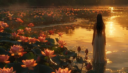 Amidst the serene lotus pond, a woman stands gracefully as the sun dips below the horizon, casting golden reflections on the calm waters