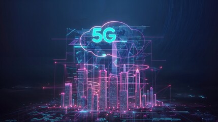 Futuristic 5G network over cityscape with bright neon lights