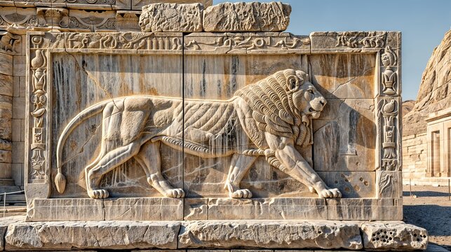 Ancient lion and bull bas-relief sculpture at Persepolis, Iran