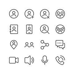Communication and Interaction, linear style icon set. User interface visuals for connecting and engaging with others. Messaging, voice/video calls, contact management. Editable stroke width.