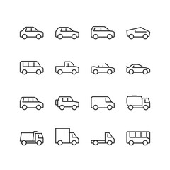 Cars, trucks, and vans. Passenger and Commercial Vehicles, linear style icon set. Diverse automobiles for transportation of people and cargo. Editable stroke width