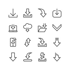 Download Arrows, File Transfers, linear style icon set. Indicating data transmission, information exchange. Internet downloading, cloud storage access. Editable stroke width