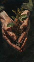 Human hands tenderly holding young plant sapling. Vertical poster