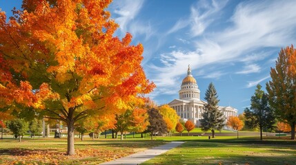 Capitol Building grounds on sunny day. Autumn colors of maple tree contrast with blue skies.