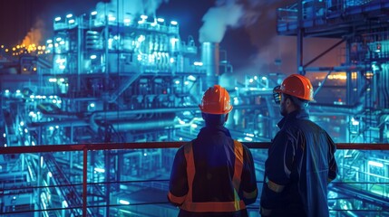 Two engineers in hard hats looking at an industrial high voltage production plant Power plants, nuclear reactors, energy industries
