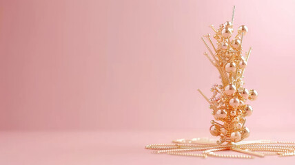 A gold tree with many beads on it is on a pink background