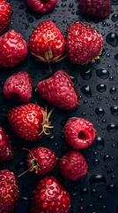 A group of red raspberries with water droplets on them.