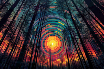 A colorful sun is in the center of a forest with trees in the background