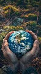 Environmental protection concept with hands and earth globe. Vertical banner with copy space