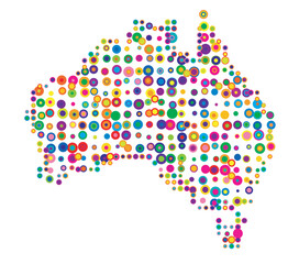 Abstract map of Australia drawn with overlapping colored circles like sweets or candies