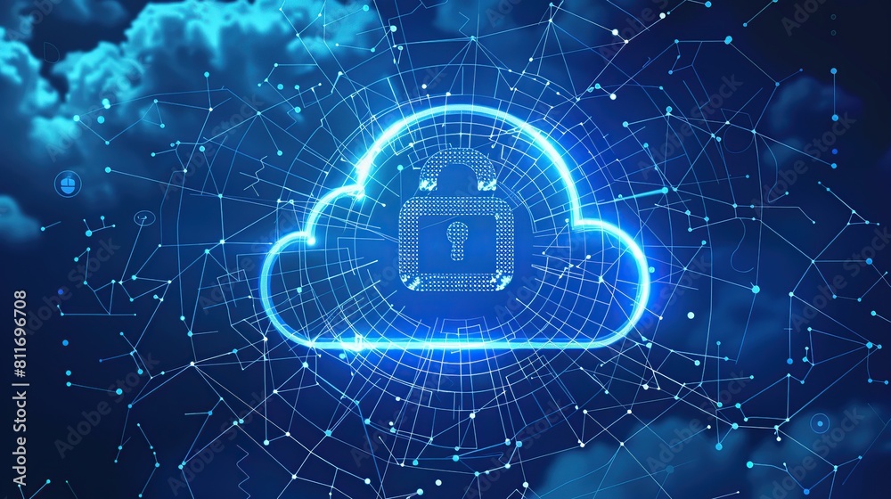 Poster Cloud with lock icon style of digital technology protection network security computer data and safe.