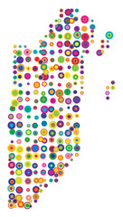 Abstract map of Belize drawn with overlapping colored circles like sweets or candies