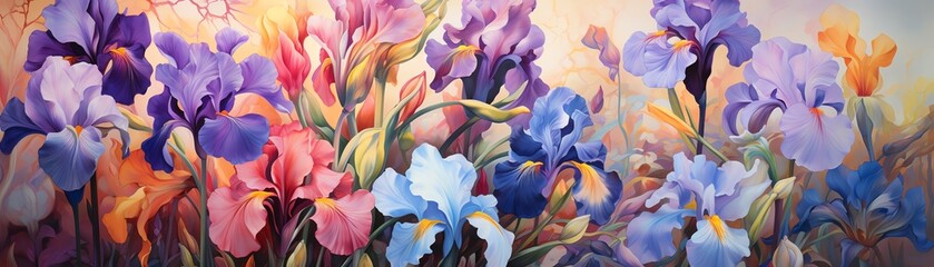 Colorful irises in a painterly style, impressionistic strokes creating a vibrant, artistic floral scene