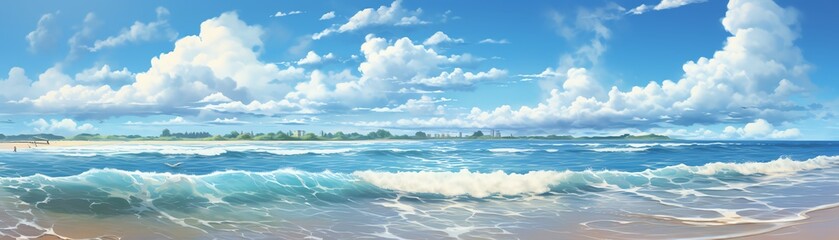 Obraz premium Sunlit summer beach scene with golden sand and vibrant blue skies, perfect for relaxation and sunbathing